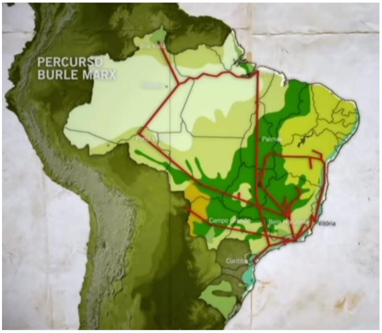 Mapa das excursões de Burle Marx para coleta de novas espécies