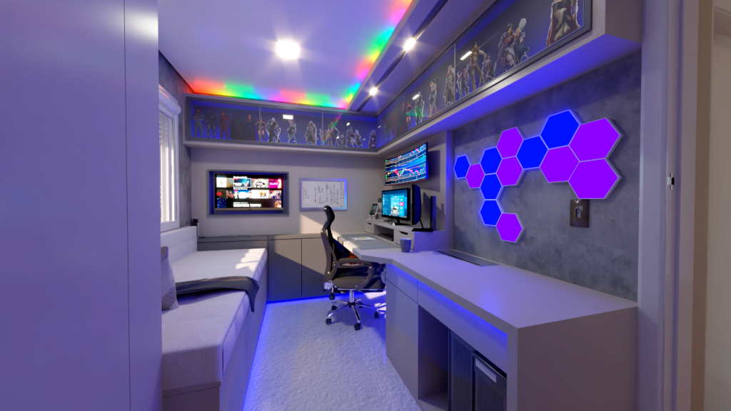Quarto Office e Gamer é um coringa no uso do espaço. Tem hora de trabalho e hora de lazer!