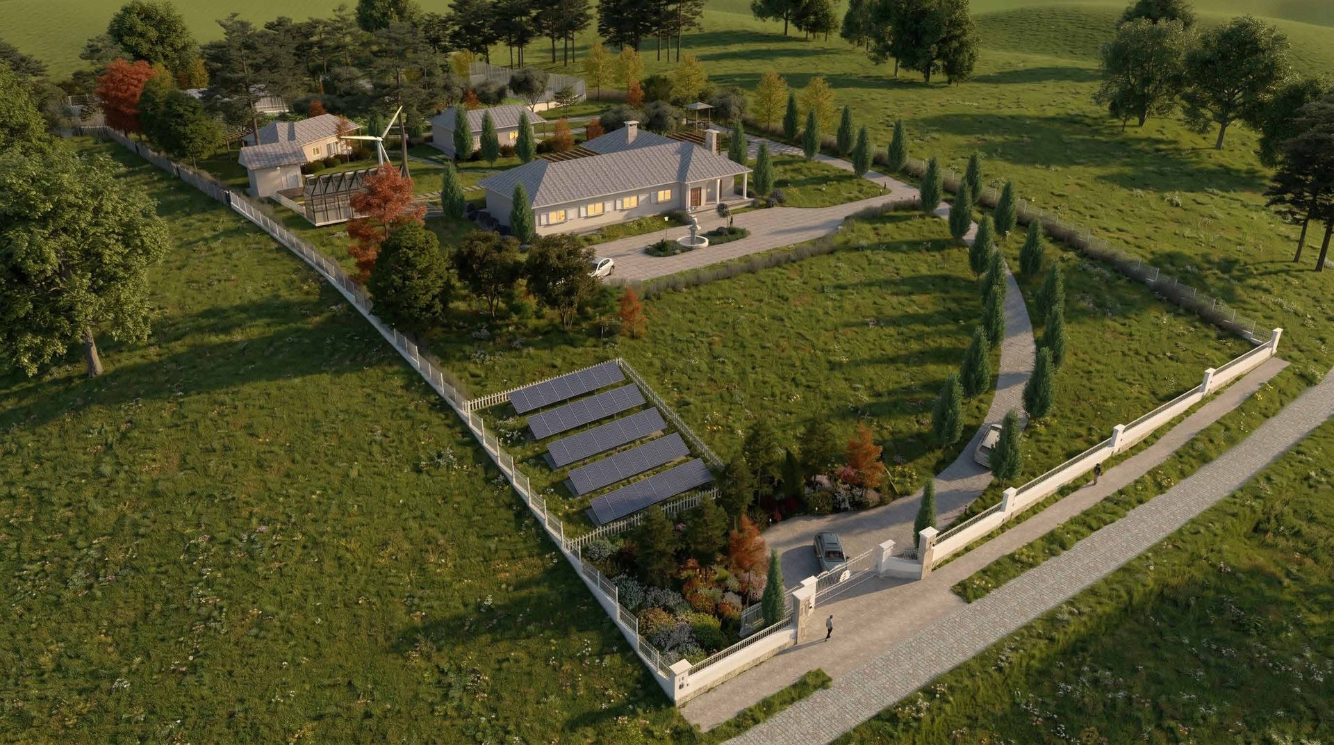 Vista aérea do masterplan de um sítio com casa, pomar, placas solares e acessos