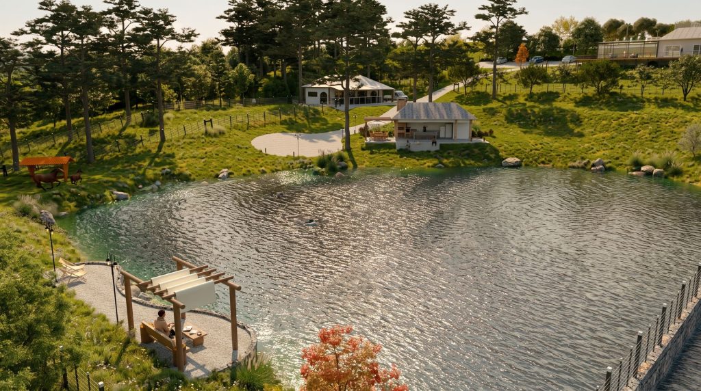 Lago com pergolado e casas ao fundo no sítio em Farroupilha