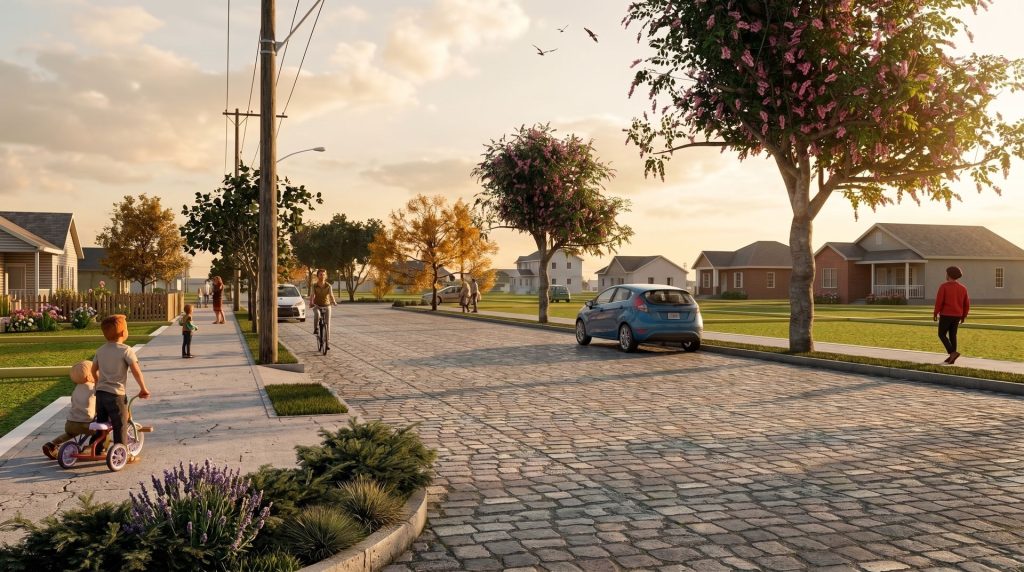 Rua de paralelepípedo arborizada no loteamento Novo Chuí 01