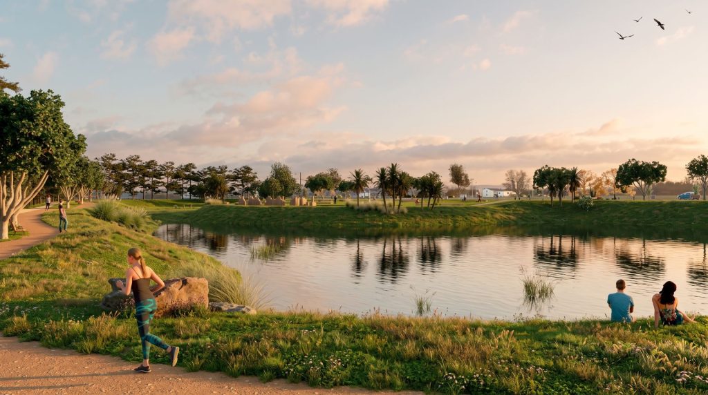 Lago de contenção do parque do Novo Chuí 01 ao entardecer