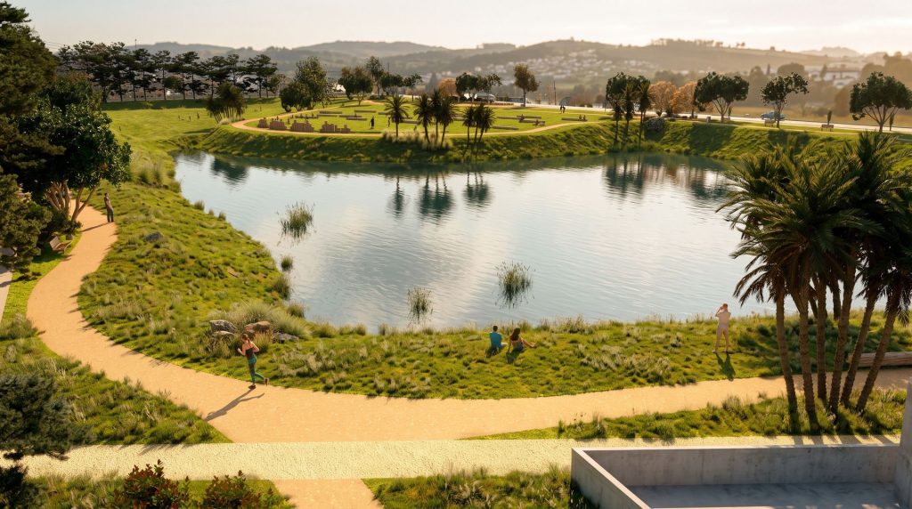 Lago de contenção cercado por caminhos no parque do Novo Chuí 01