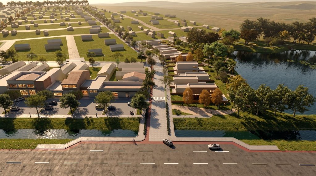 Vista aérea da entrada do loteamento Novo Chuí 02 com o lago ao fundo