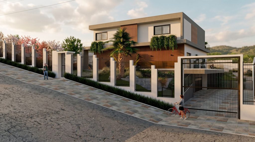 Fachada da Casa KJ com jardim frontal e floreiras