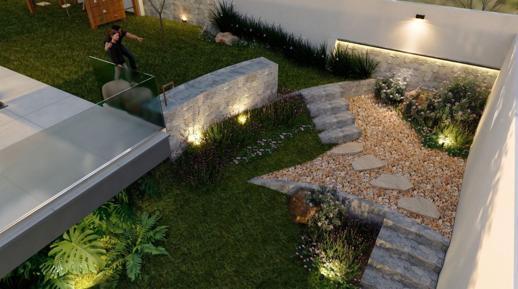 Escada e canteiros com iluminação no jardim lateral da Casa KJ