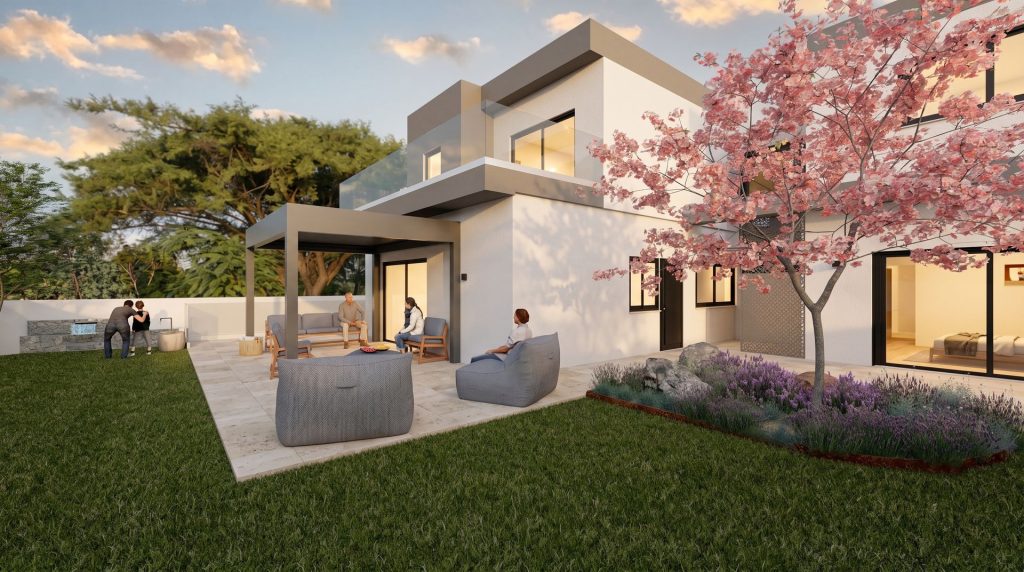 Área de estar externa com gramado e ipê-rosa na Casa KJ
