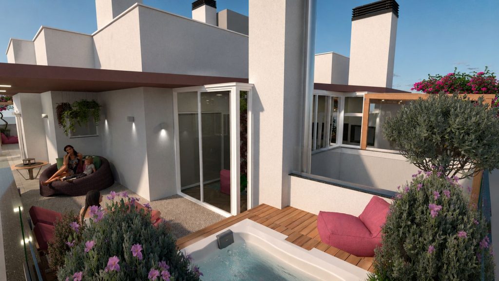 Spa com deck e vasos floridos no Terraço VL