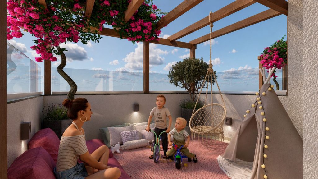 Área de estar com balanço, buganvília e oliveira no Terraço VL