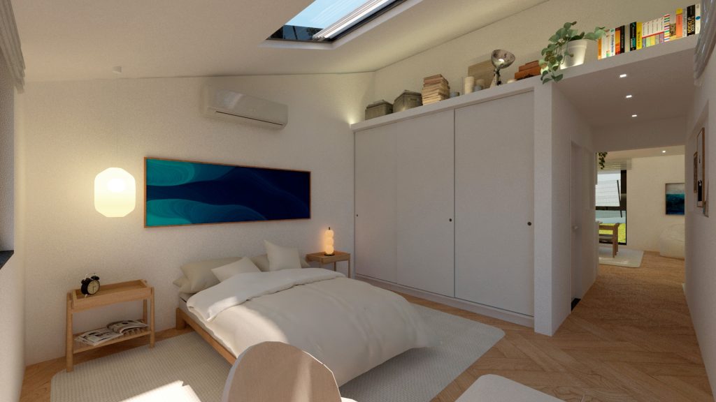 Quarto com claraboia e armário embutido na Casa EV