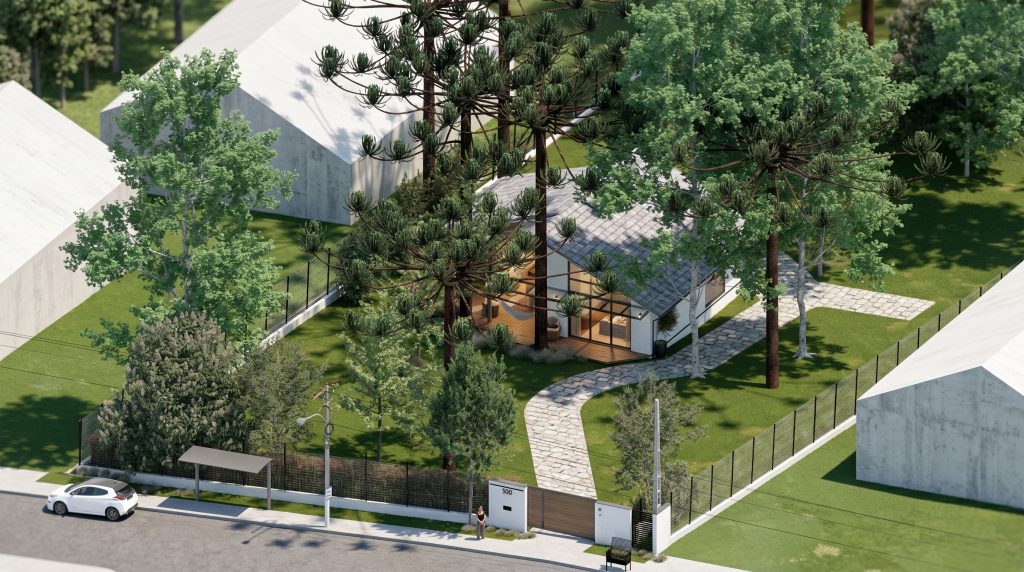 Vista aérea da Casa EV entre araucárias, com caminho e cercamento