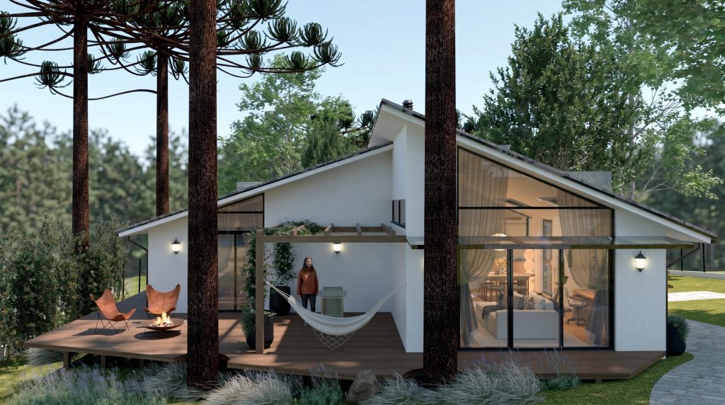Casa EV com deck, rede e araucárias ao redor