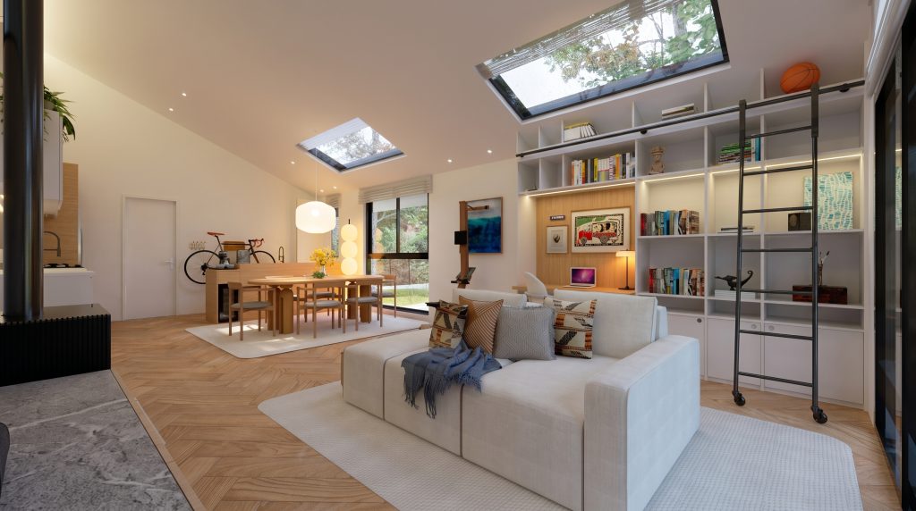 Sala de estar e jantar com claraboia e estante com escada na Casa EV